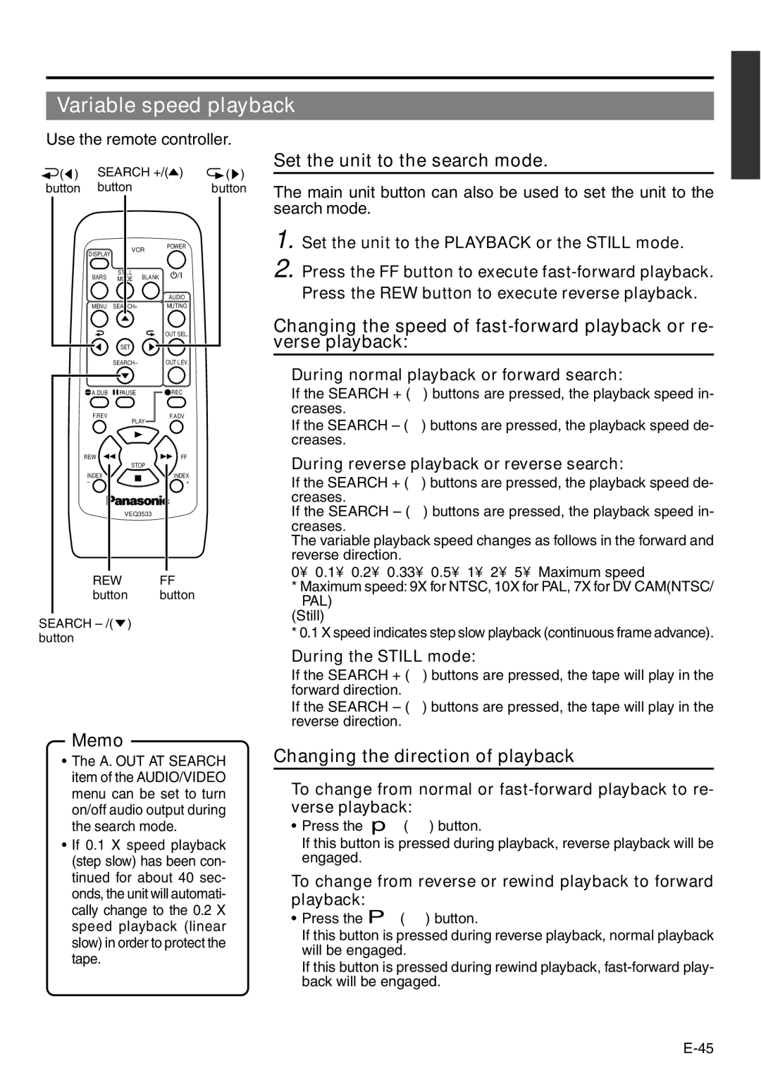 Panasonic VQT0C55 manual Variable speed playback, Set the unit to the search mode, Changing the direction of playback 