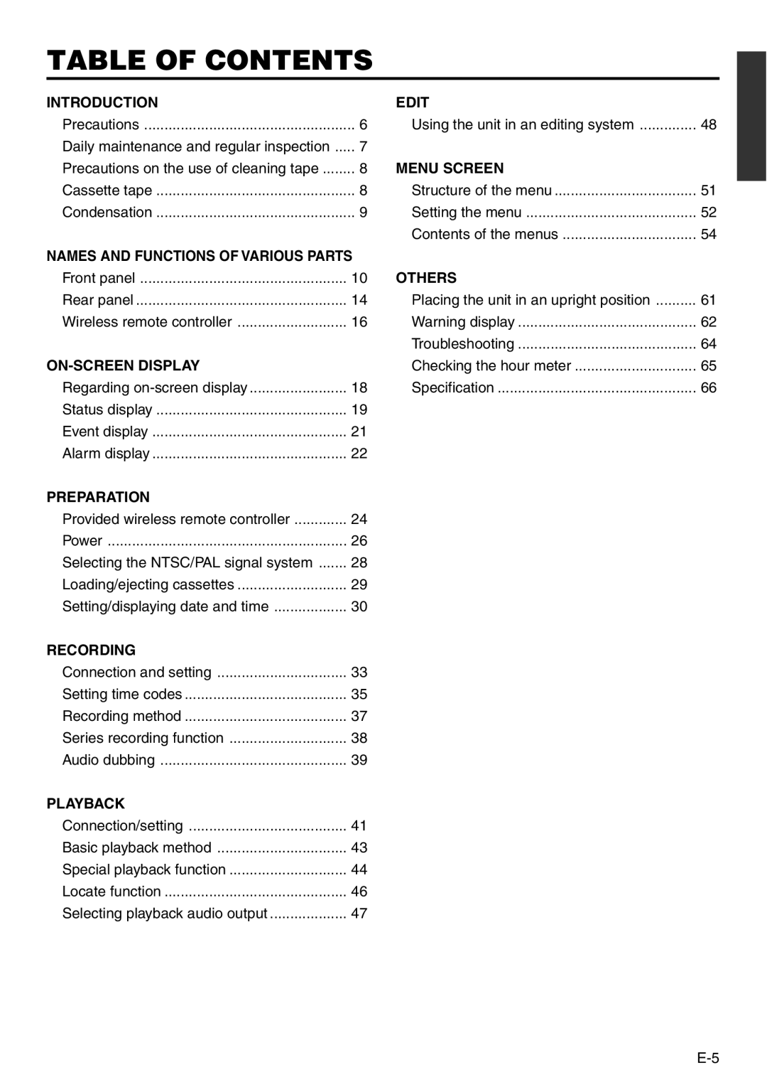 Panasonic VQT0C55 manual Table of Contents 