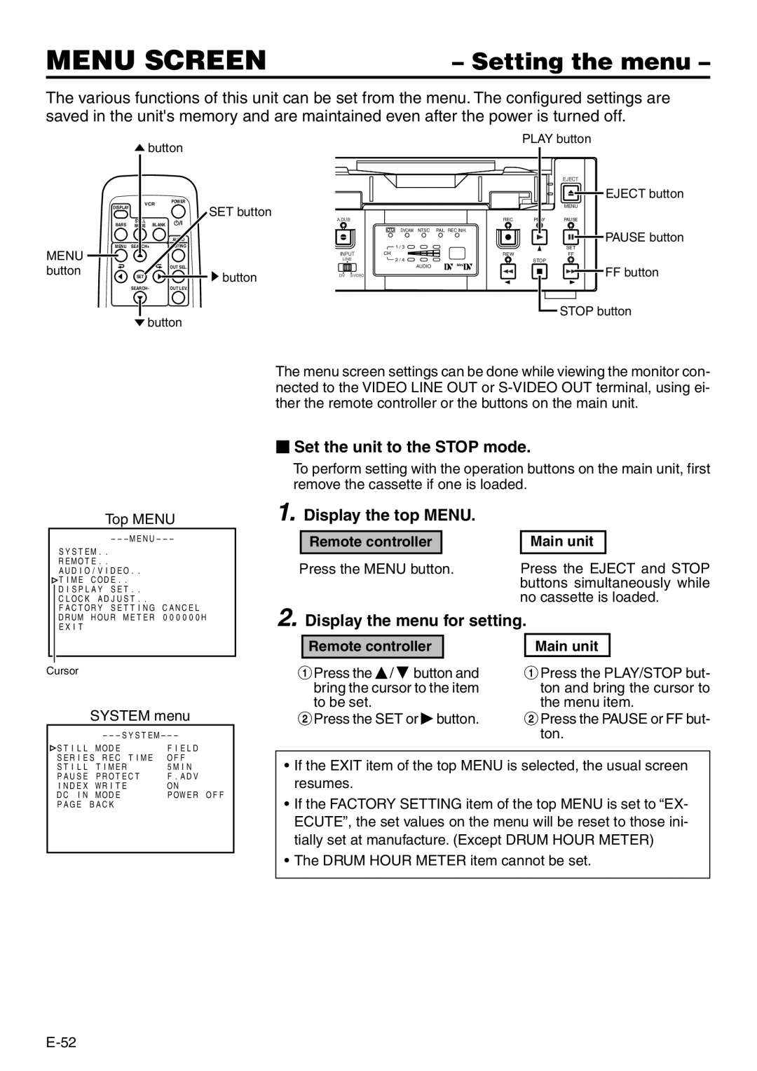 Panasonic VQT0C55 Setting the menu,  Set the unit to the Stop mode, Display the top Menu, Display the menu for setting 