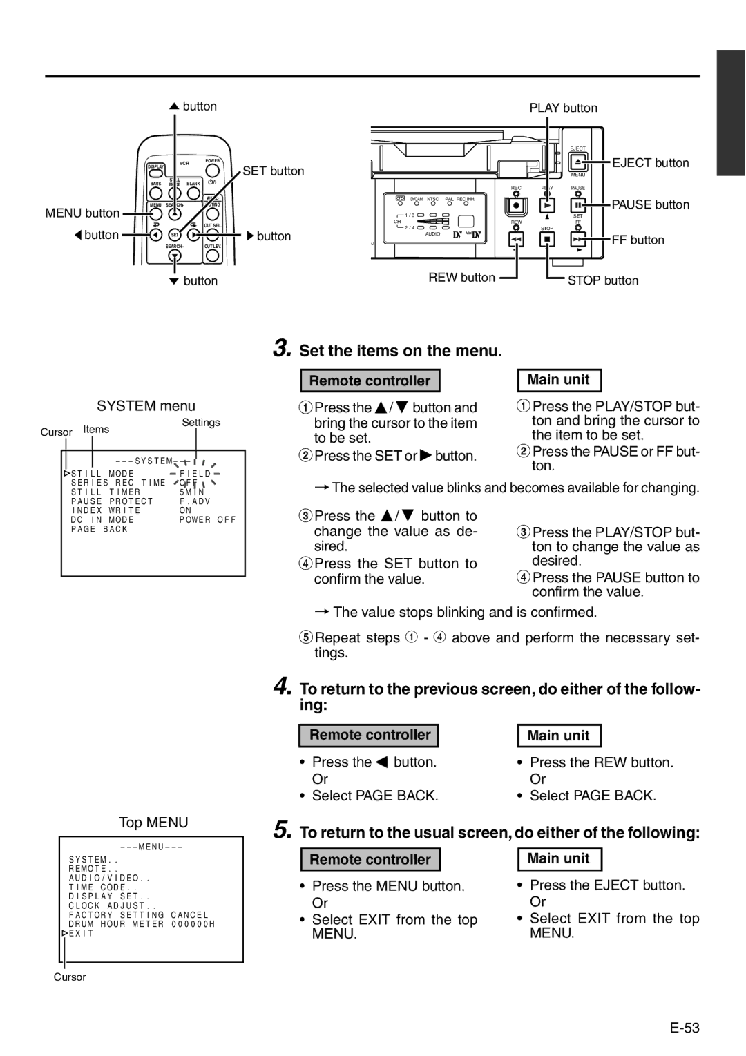 Panasonic VQT0C55 manual Set the items on the menu, To return to the usual screen, do either of the following, Menu 