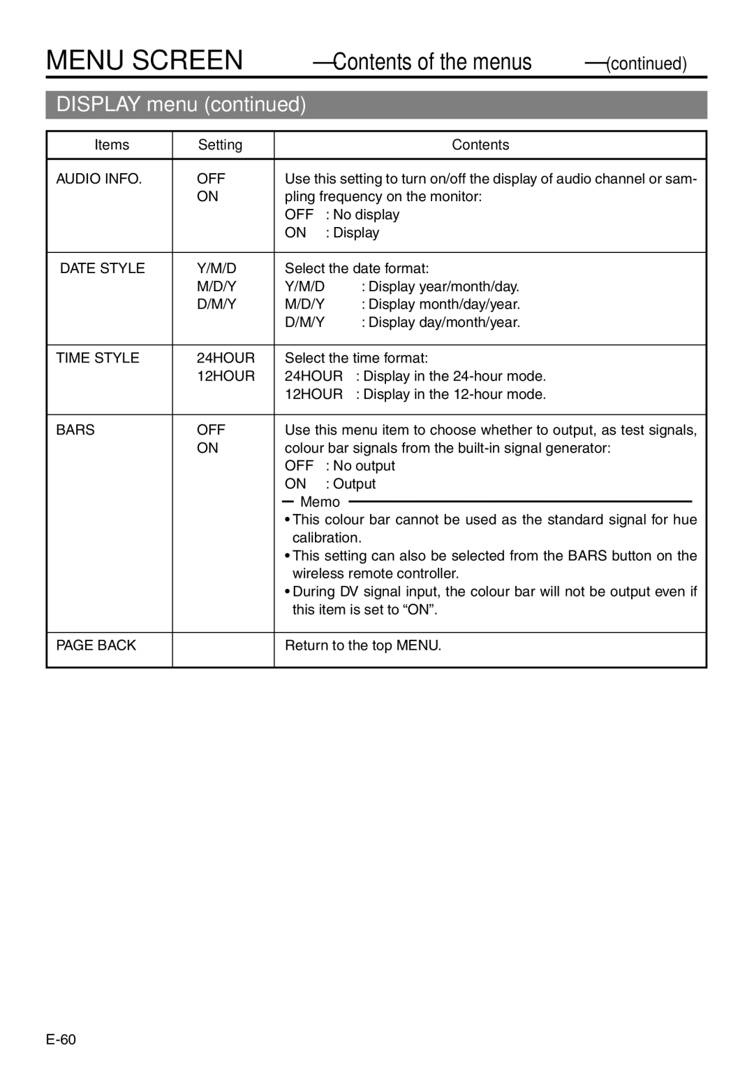 Panasonic VQT0C55 manual Audio Info  OFF, Date Style, Time Style, 12HOUR 24HOUR, Bars  OFF 