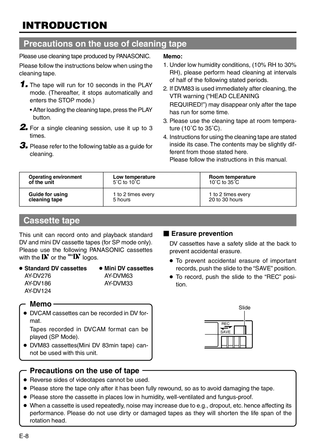 Panasonic VQT0C55 manual Precautions on the use of cleaning tape, Cassette tape, Memo, Precautions on the use of tape 