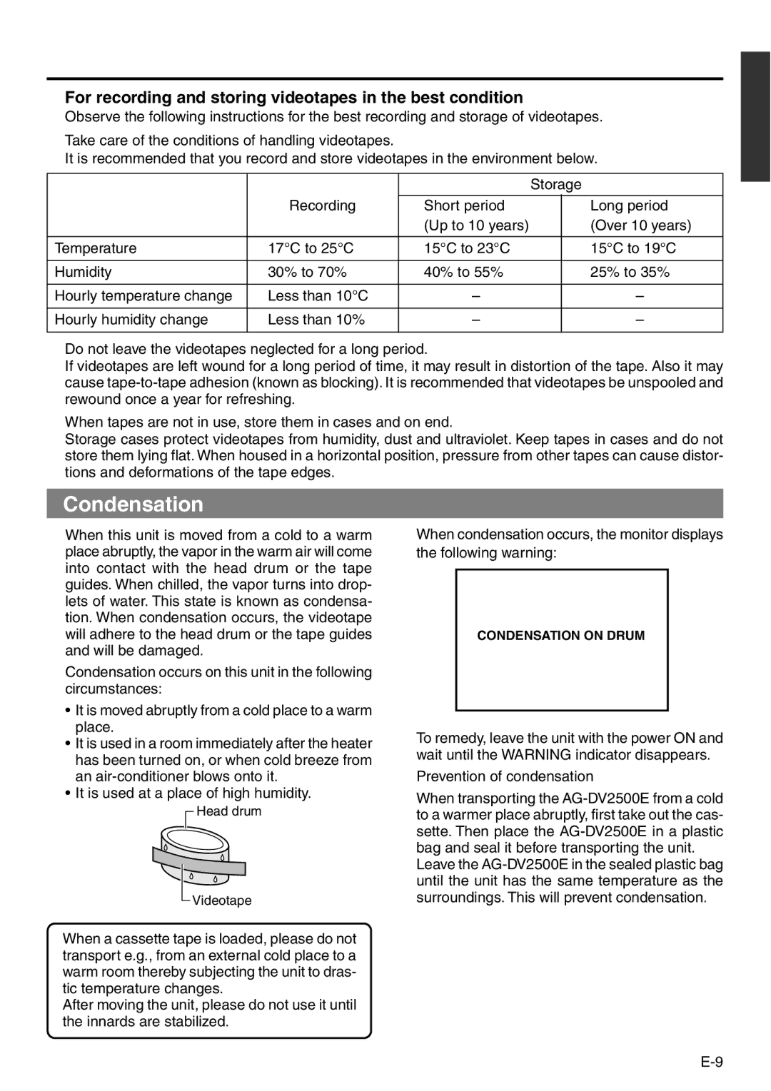 Panasonic VQT0C55 manual Condensation, Over 10 years, Prevention of condensation 