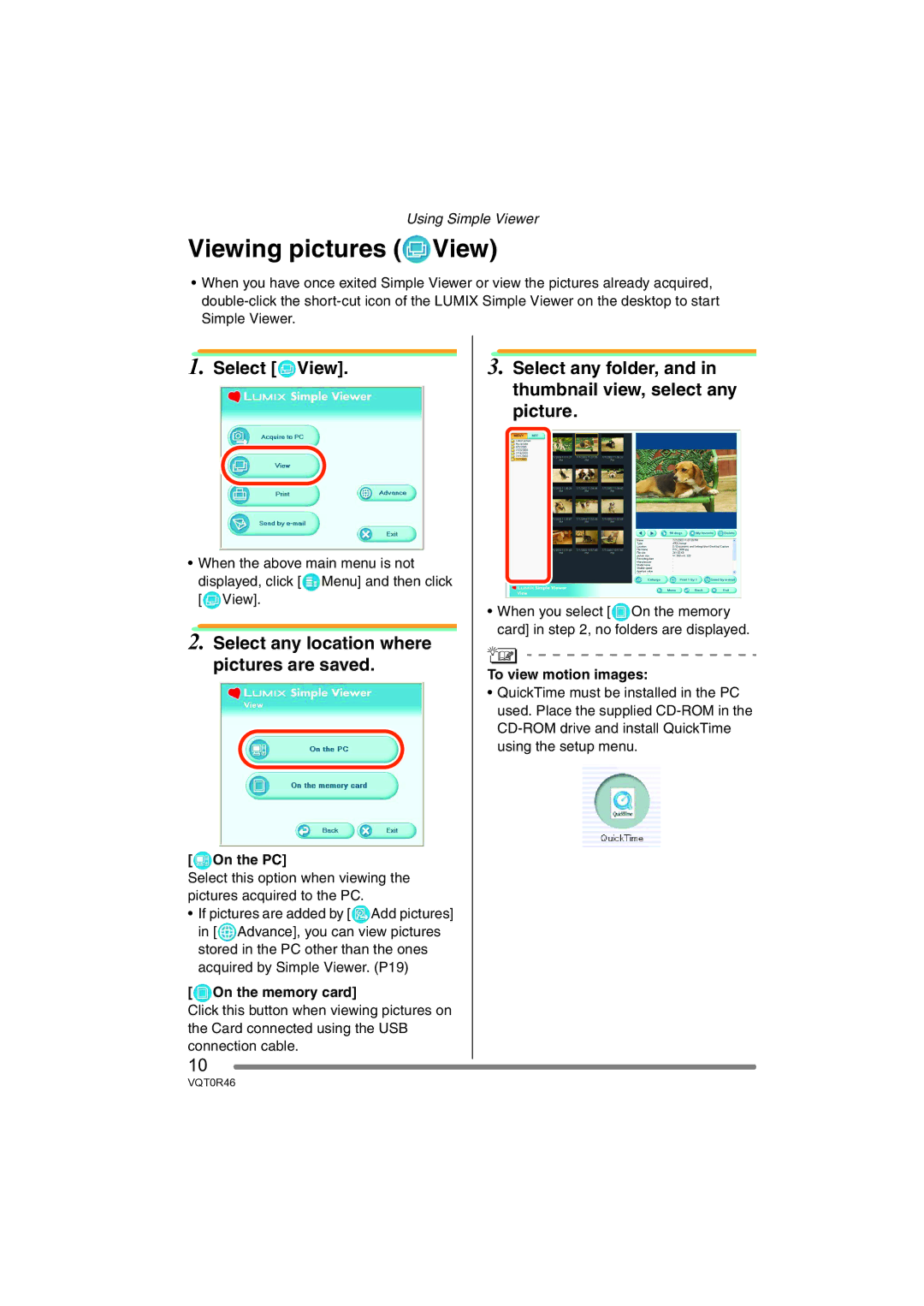 Panasonic VQT0R46 operating instructions Viewing pictures View, Select View, Select any location where pictures are saved 