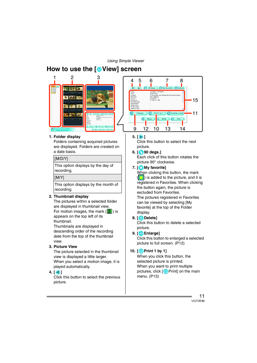 Panasonic VQT0R46 Folder display, Thumbnail display, Picture View, Degs, My favorite, Delete, Enlarge, Print 1 by 