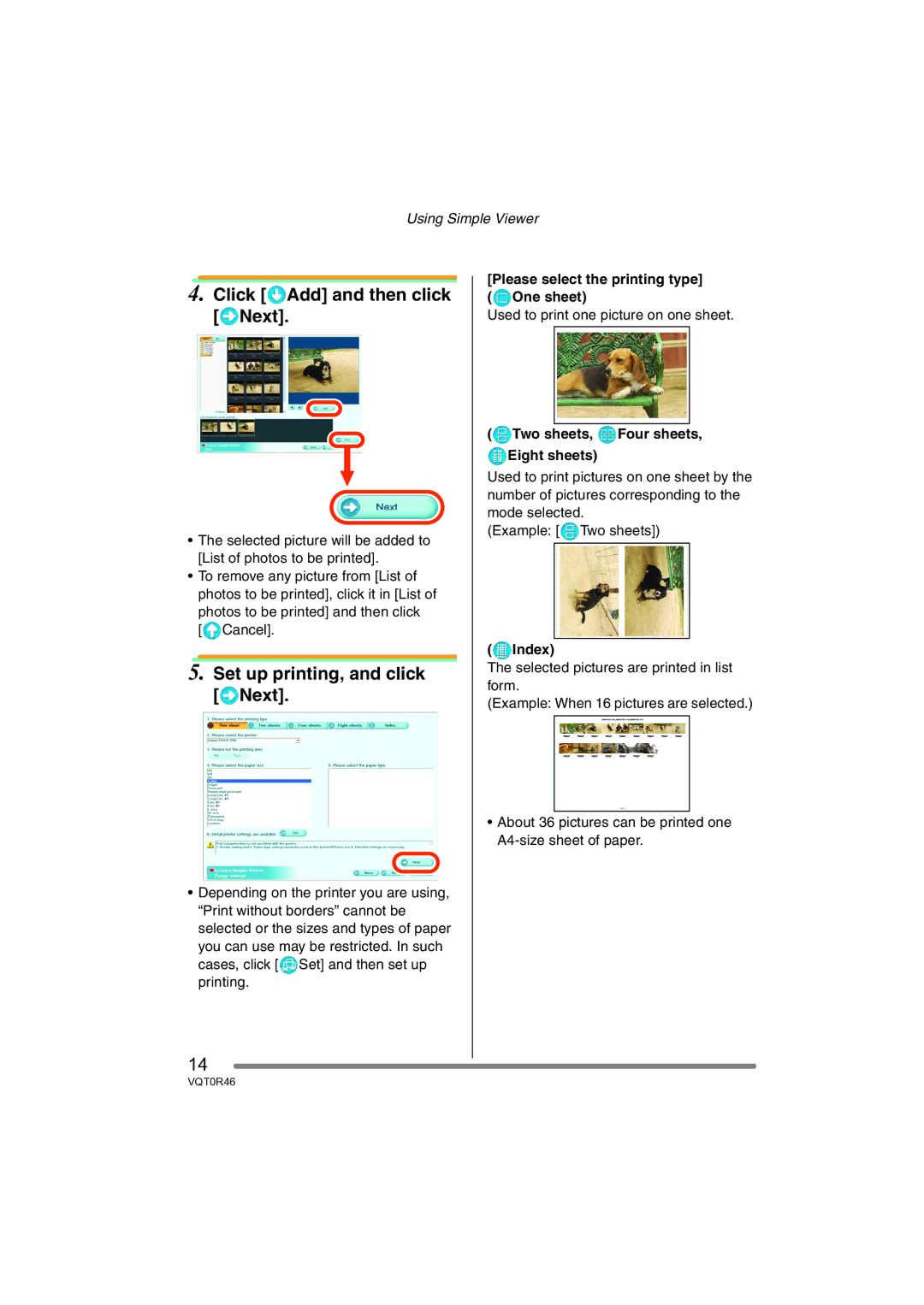 Panasonic VQT0R46 Click Add and then click Next, Set up printing, and click Next, Two sheets, Four sheets, Eight sheets 