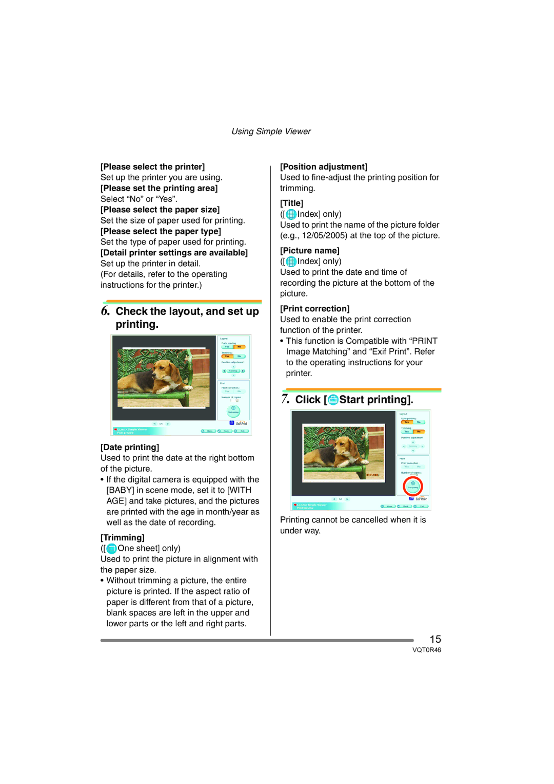 Panasonic VQT0R46 operating instructions Check the layout, and set up printing, Click Start printing 