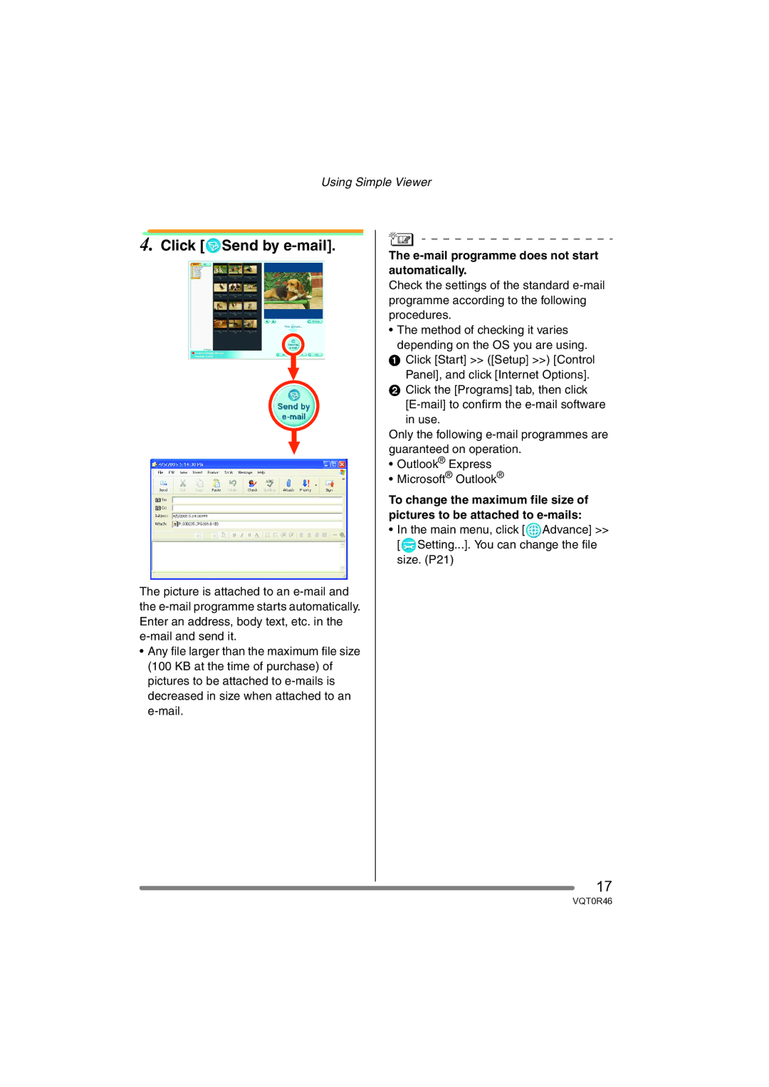 Panasonic VQT0R46 operating instructions Click Send by e-mail, E-mail programme does not start automatically 