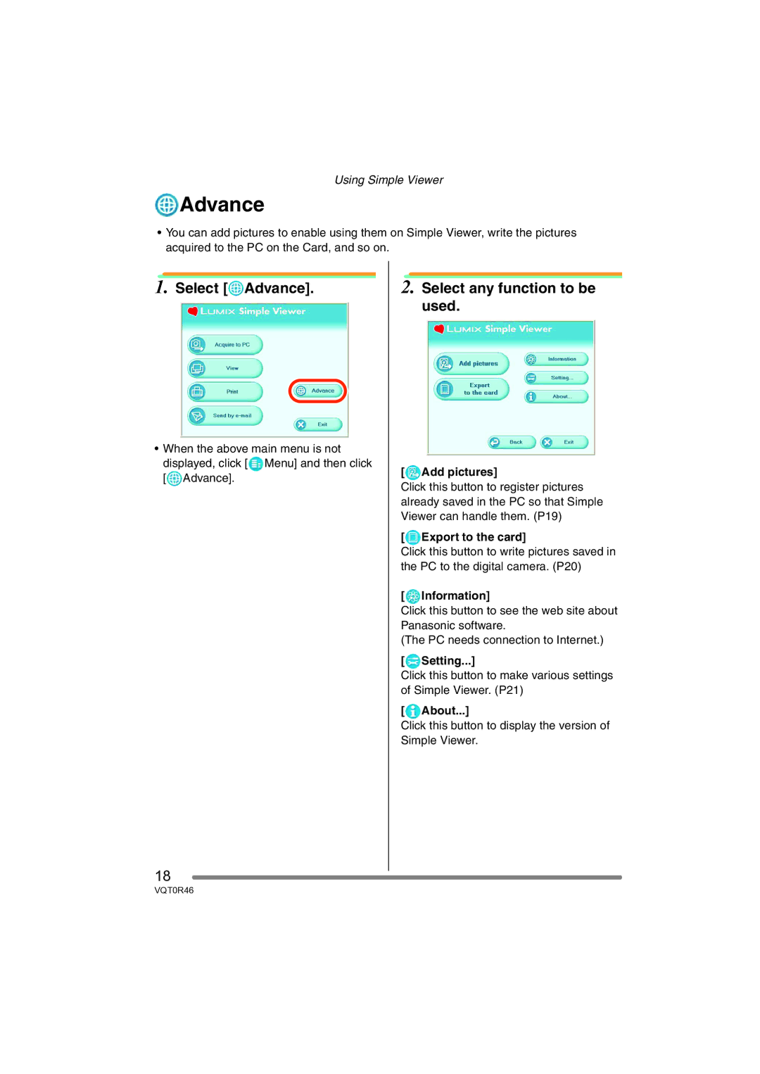 Panasonic VQT0R46 operating instructions Select Advance, Select any function to be used 