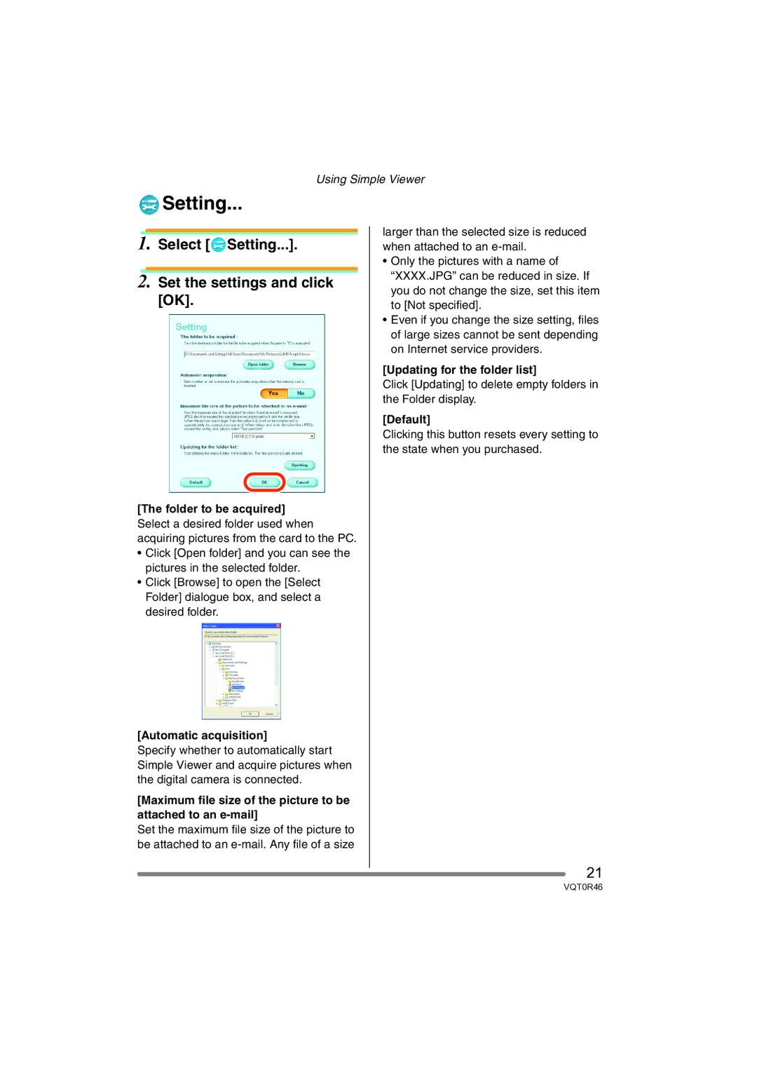 Panasonic VQT0R46 Select Setting Set the settings and click OK, Automatic acquisition, Updating for the folder list 