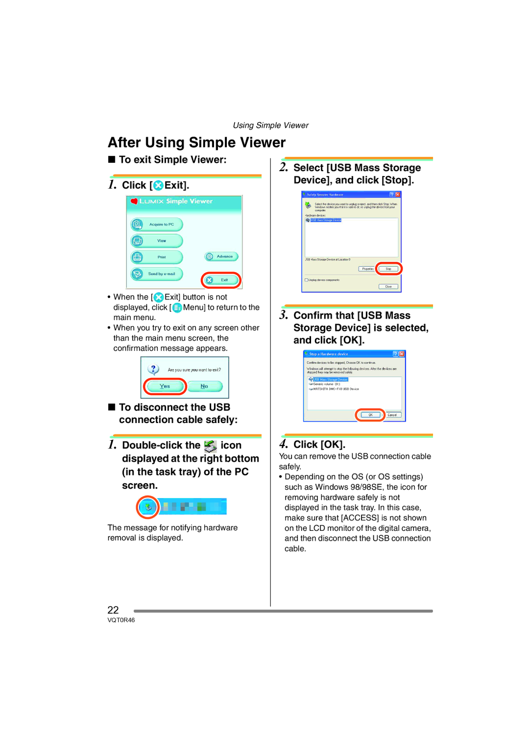 Panasonic VQT0R46 After Using Simple Viewer, To exit Simple Viewer Click Exit, Task tray of the PC screen 