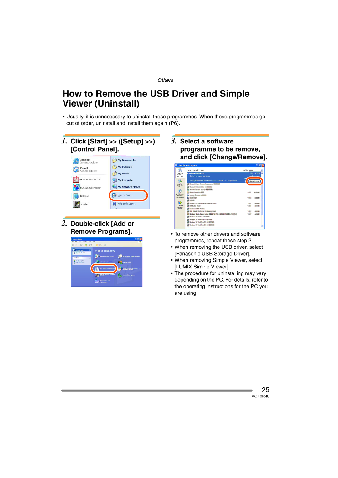 Panasonic VQT0R46 operating instructions How to Remove the USB Driver and Simple Viewer Uninstall 