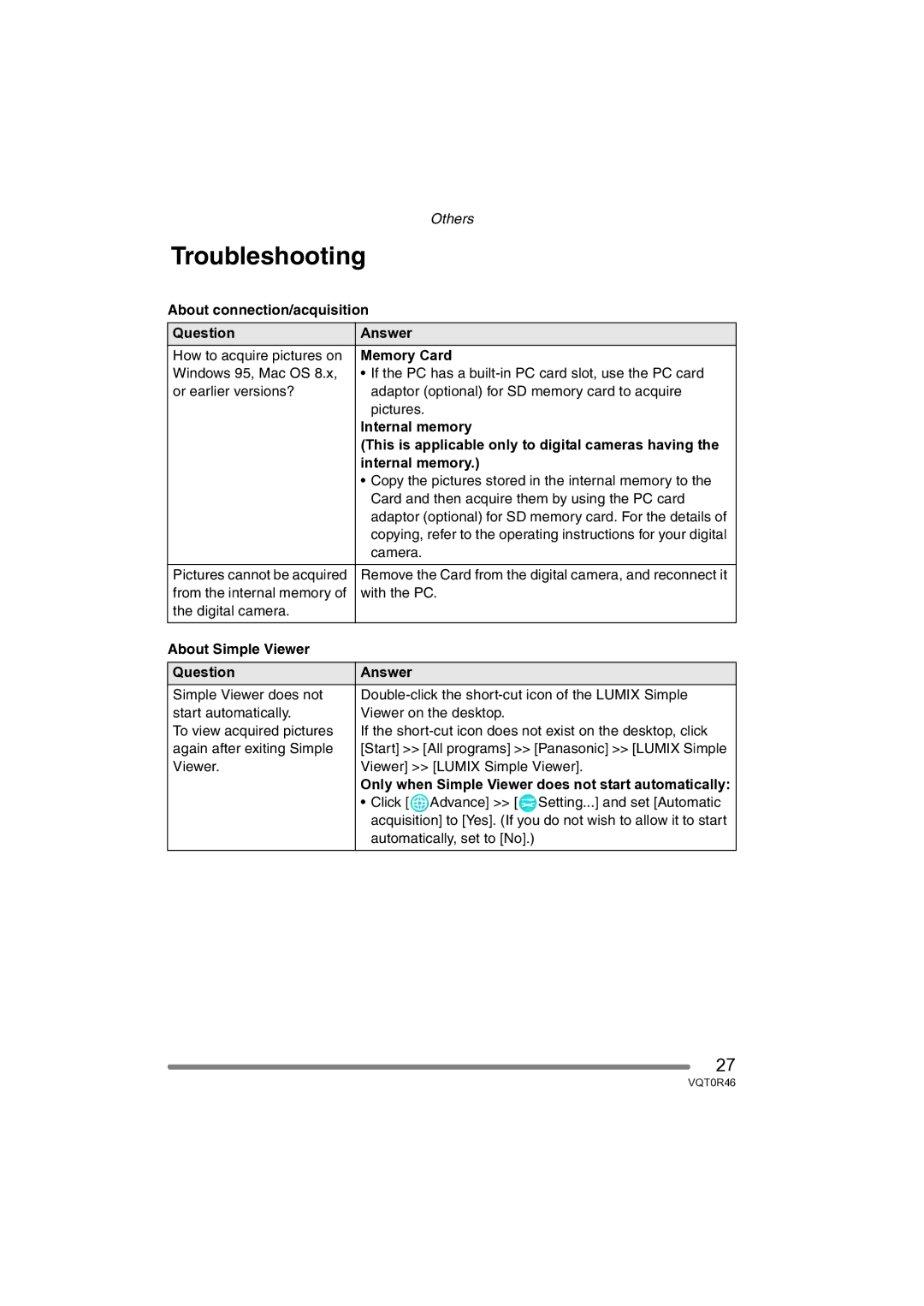 Panasonic VQT0R46 Troubleshooting, About connection/acquisition Question Answer, About Simple Viewer Question Answer 