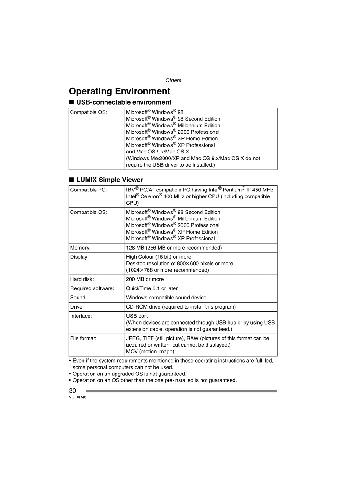 Panasonic VQT0R46 operating instructions Operating Environment, USB-connectable environment, Lumix Simple Viewer 