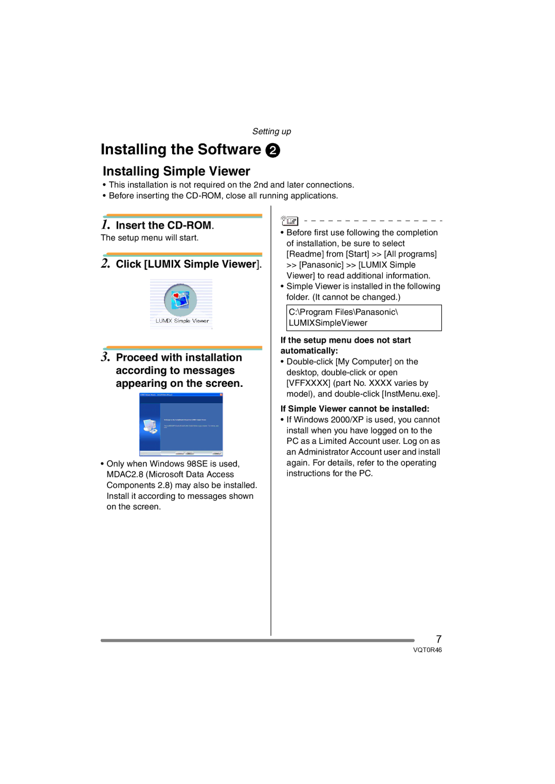 Panasonic VQT0R46 operating instructions Installing Simple Viewer, If Simple Viewer cannot be installed 