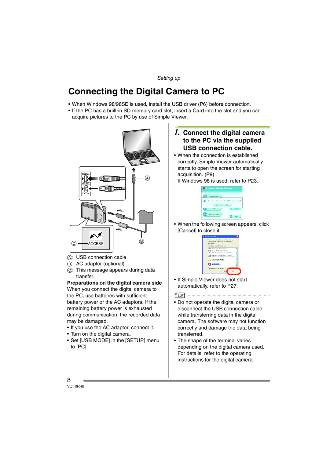 Panasonic VQT0R46 operating instructions Connecting the Digital Camera to PC, Preparations on the digital camera side 