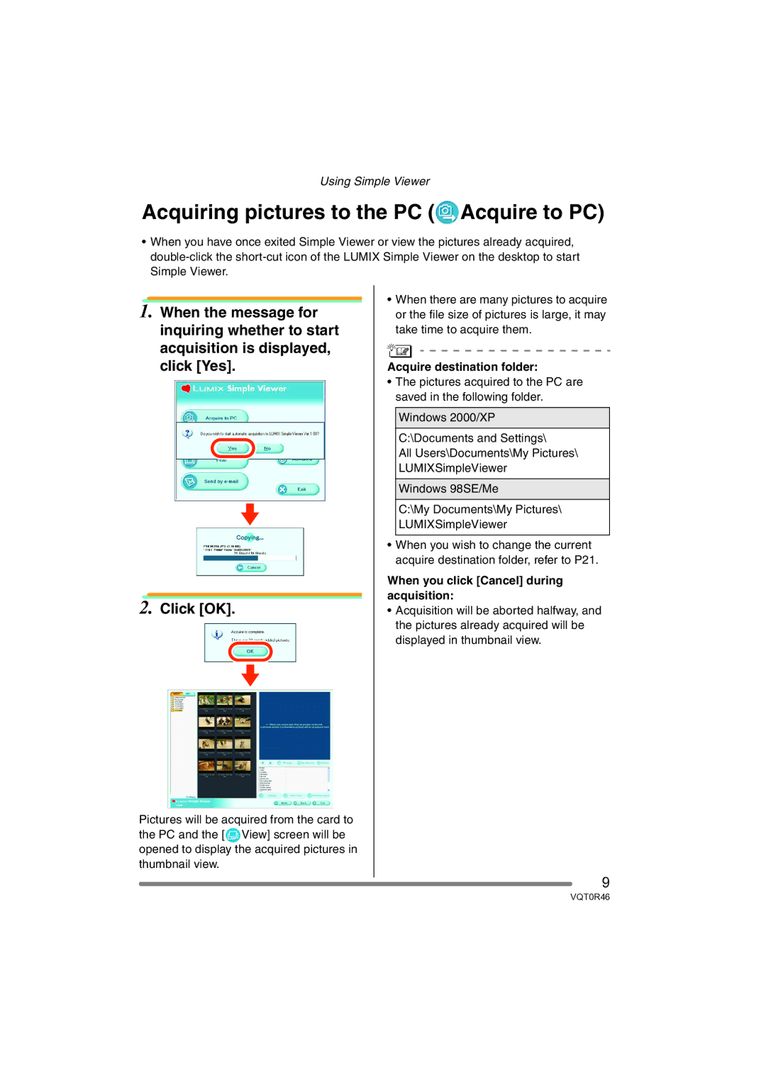 Panasonic VQT0R46 operating instructions Acquiring pictures to the PC Acquire to PC, Acquire destination folder 