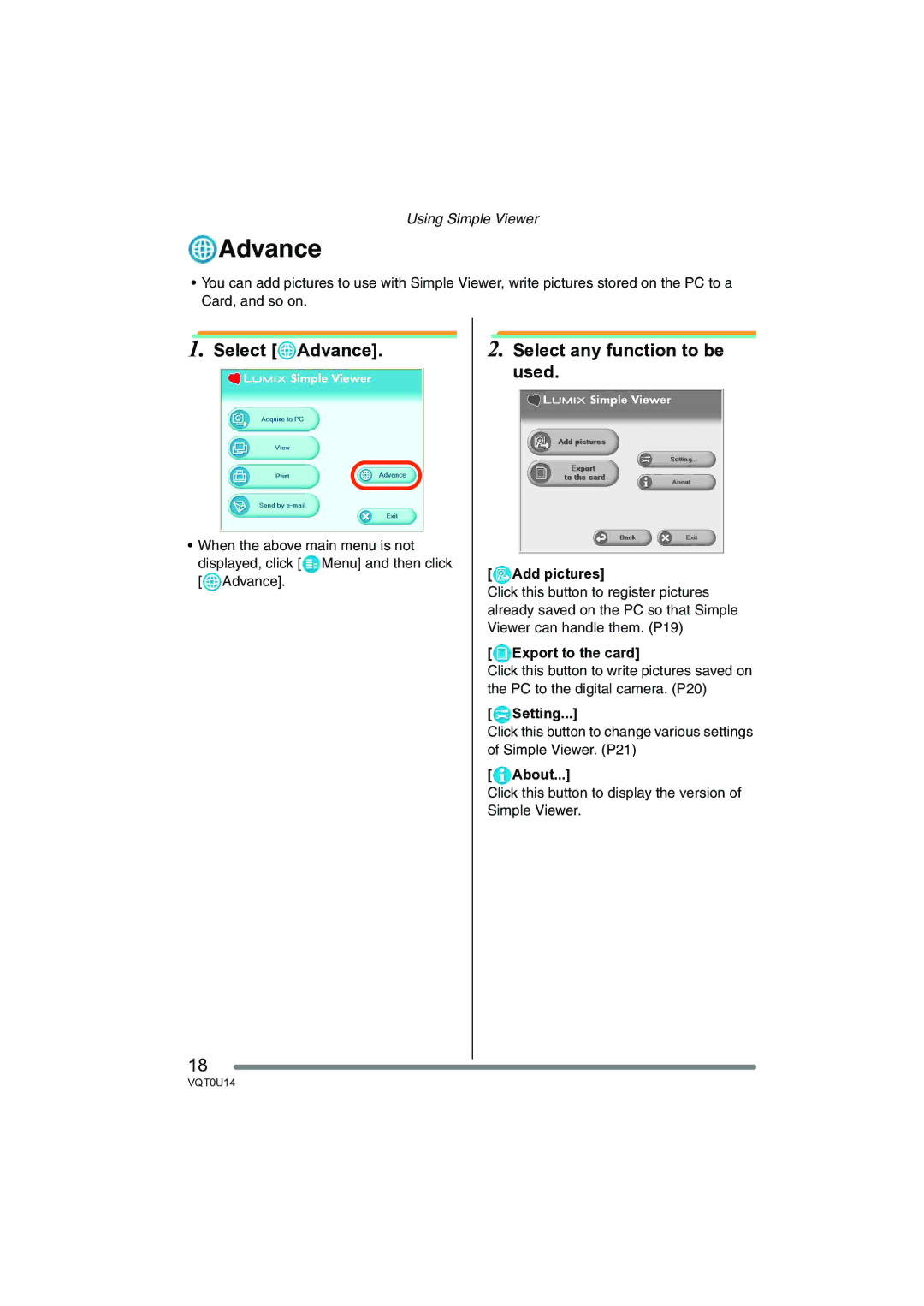 Panasonic VQT0U14 operating instructions Select Advance, Select any function to be used 