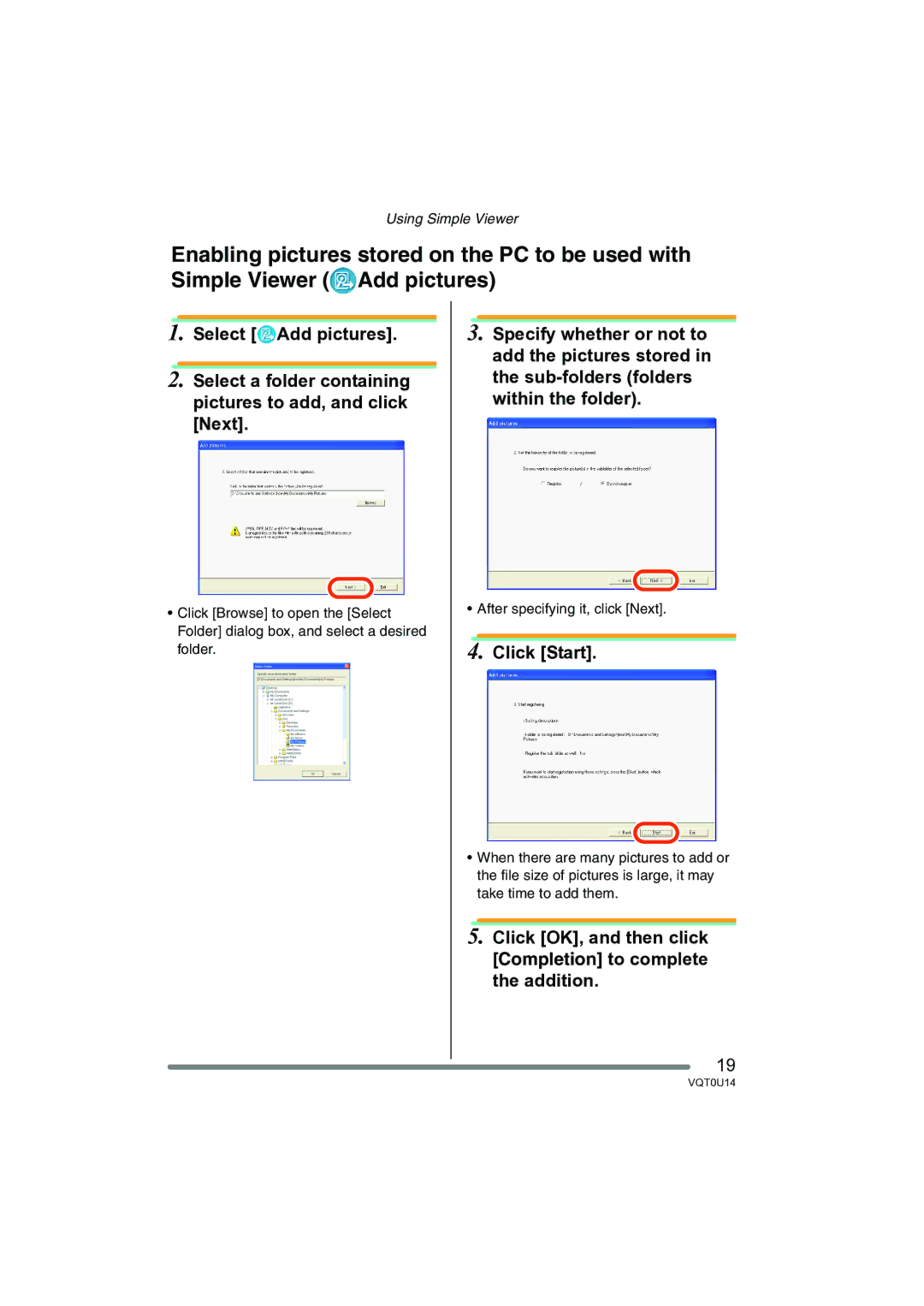 Panasonic VQT0U14 operating instructions Click Start, Click OK, and then click Completion to complete the addition 