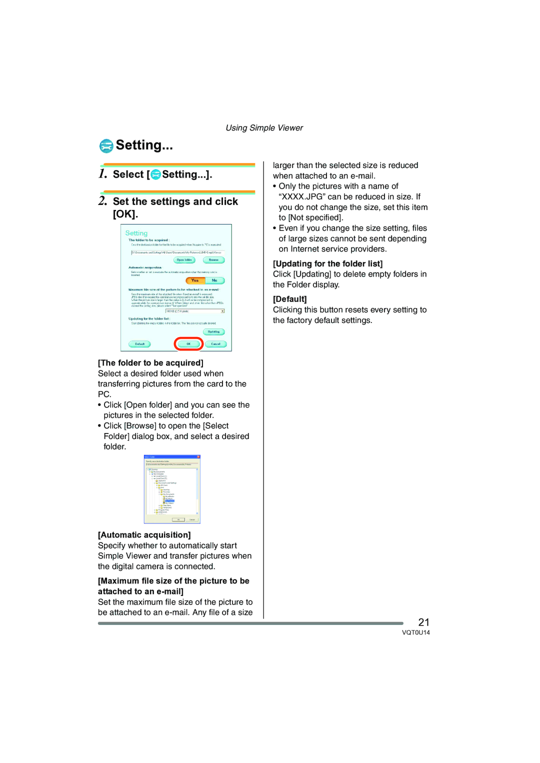 Panasonic VQT0U14 Select Setting Set the settings and click OK, Folder to be acquired, Automatic acquisition, Default 