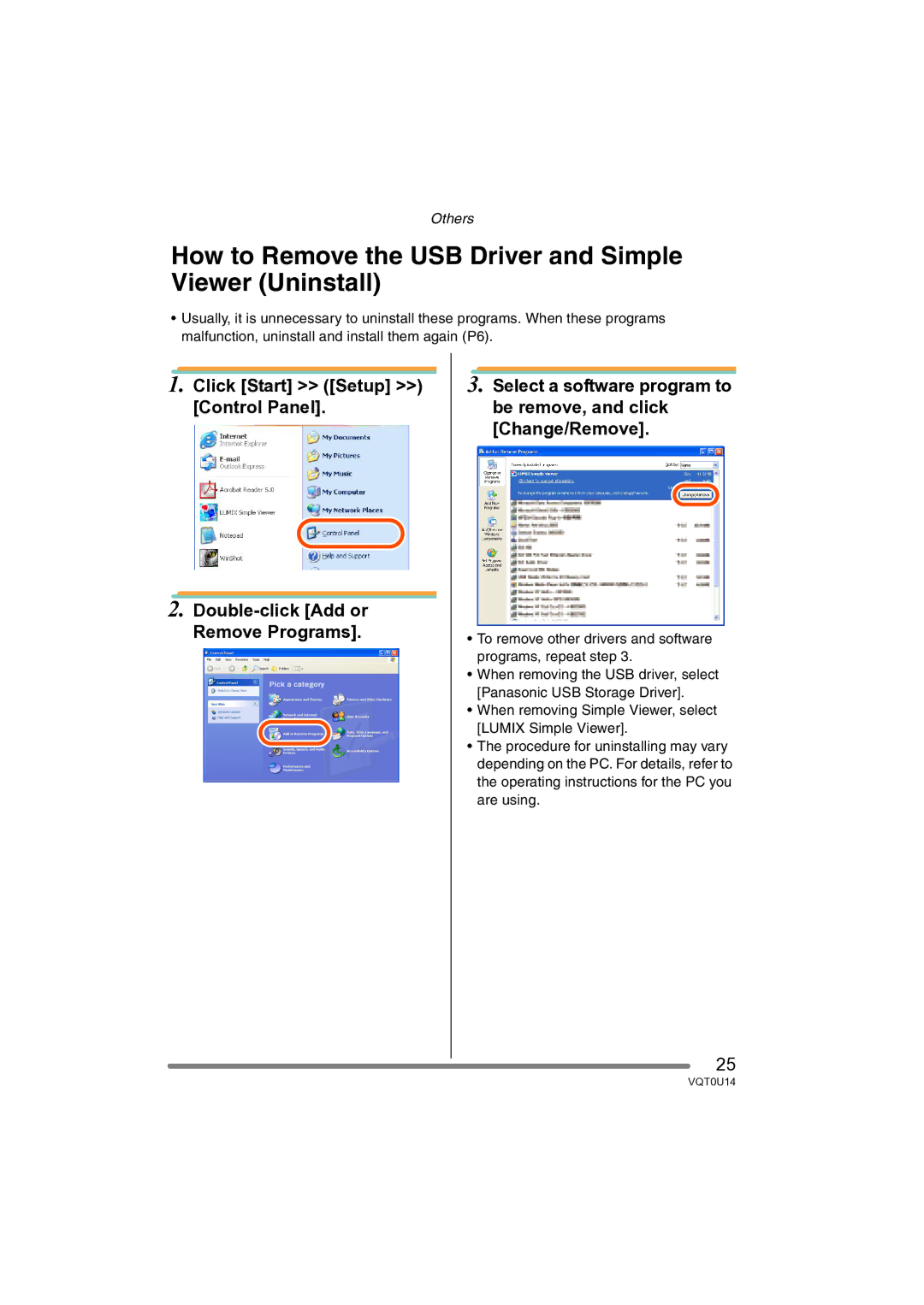 Panasonic VQT0U14 operating instructions How to Remove the USB Driver and Simple Viewer Uninstall 