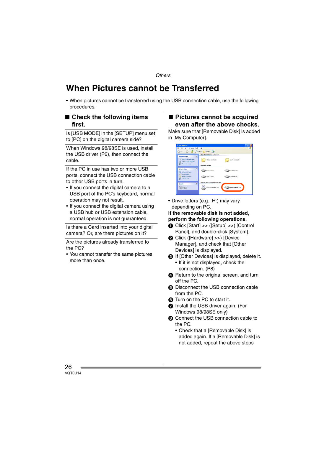 Panasonic VQT0U14 operating instructions When Pictures cannot be Transferred, Check the following items first 