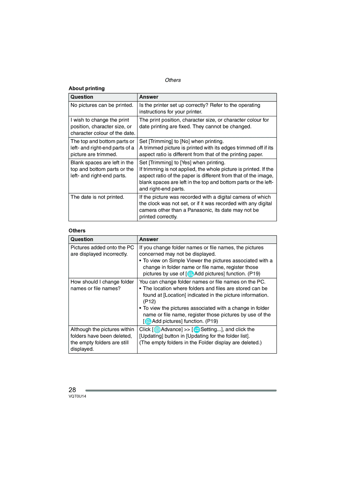 Panasonic VQT0U14 operating instructions About printing Question Answer 