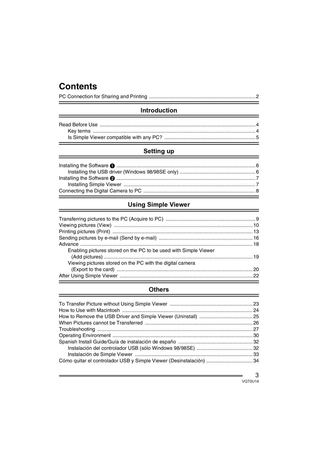 Panasonic VQT0U14 operating instructions Contents 