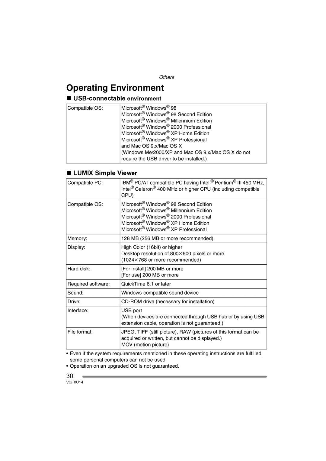 Panasonic VQT0U14 operating instructions Operating Environment, USB-connectable environment, Lumix Simple Viewer 