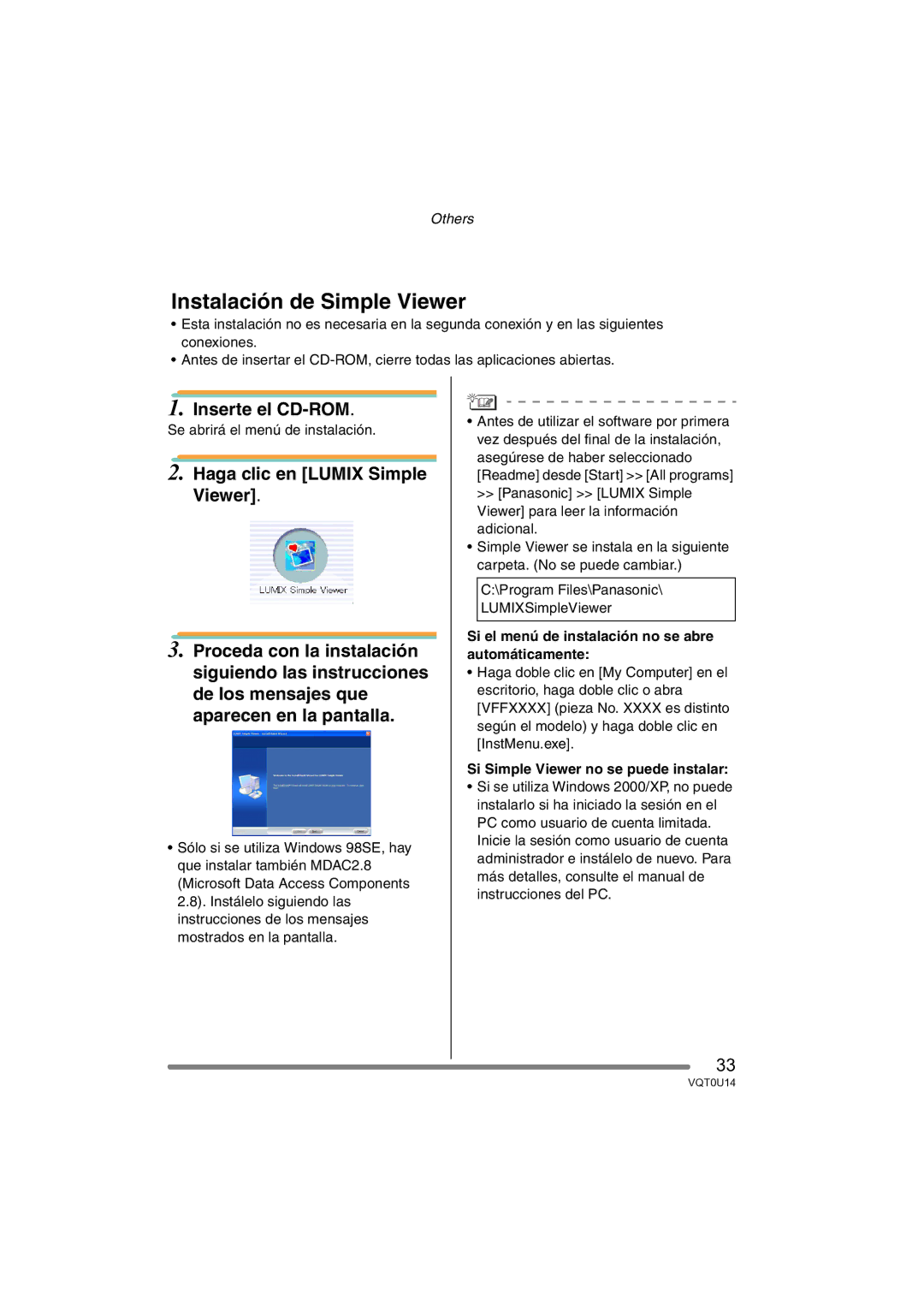 Panasonic VQT0U14 operating instructions Instalación de Simple Viewer, Si Simple Viewer no se puede instalar 