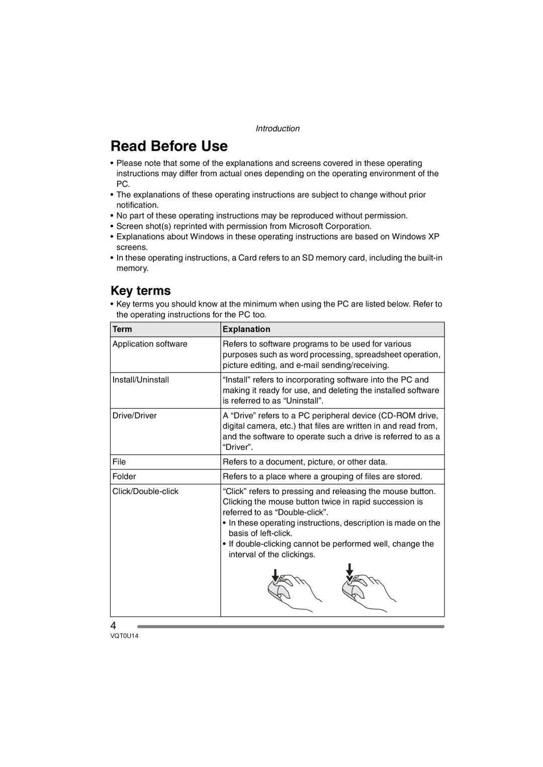 Panasonic VQT0U14 operating instructions Read Before Use, Key terms, Term Explanation 