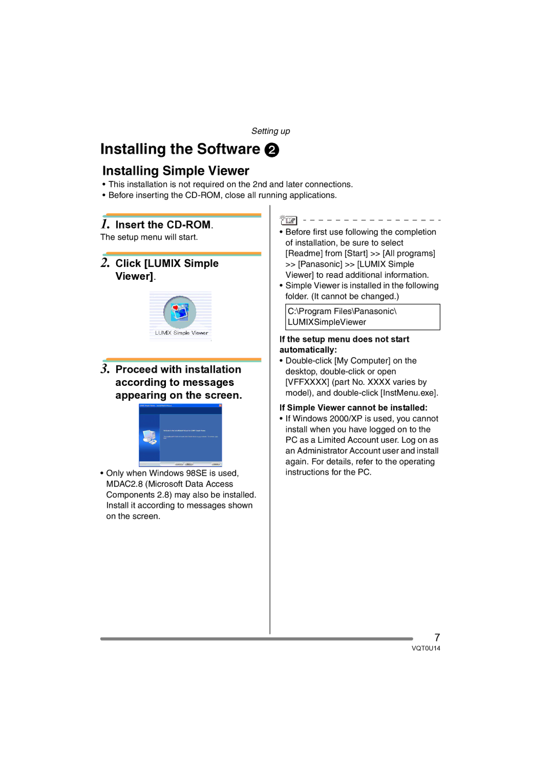 Panasonic VQT0U14 operating instructions Installing Simple Viewer, If Simple Viewer cannot be installed 