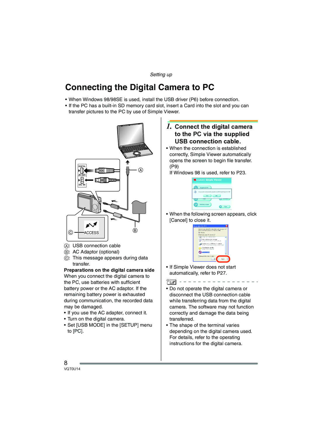 Panasonic VQT0U14 operating instructions Connecting the Digital Camera to PC, Preparations on the digital camera side 