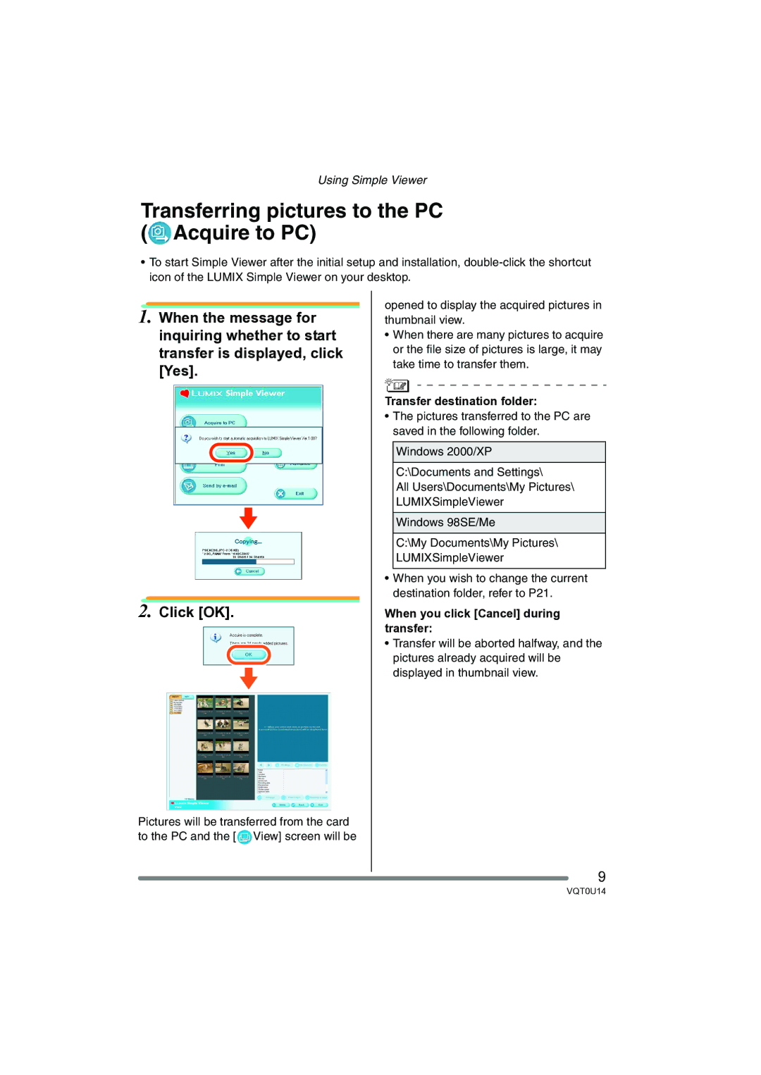 Panasonic VQT0U14 operating instructions Transferring pictures to the PC Acquire to PC, Transfer destination folder 