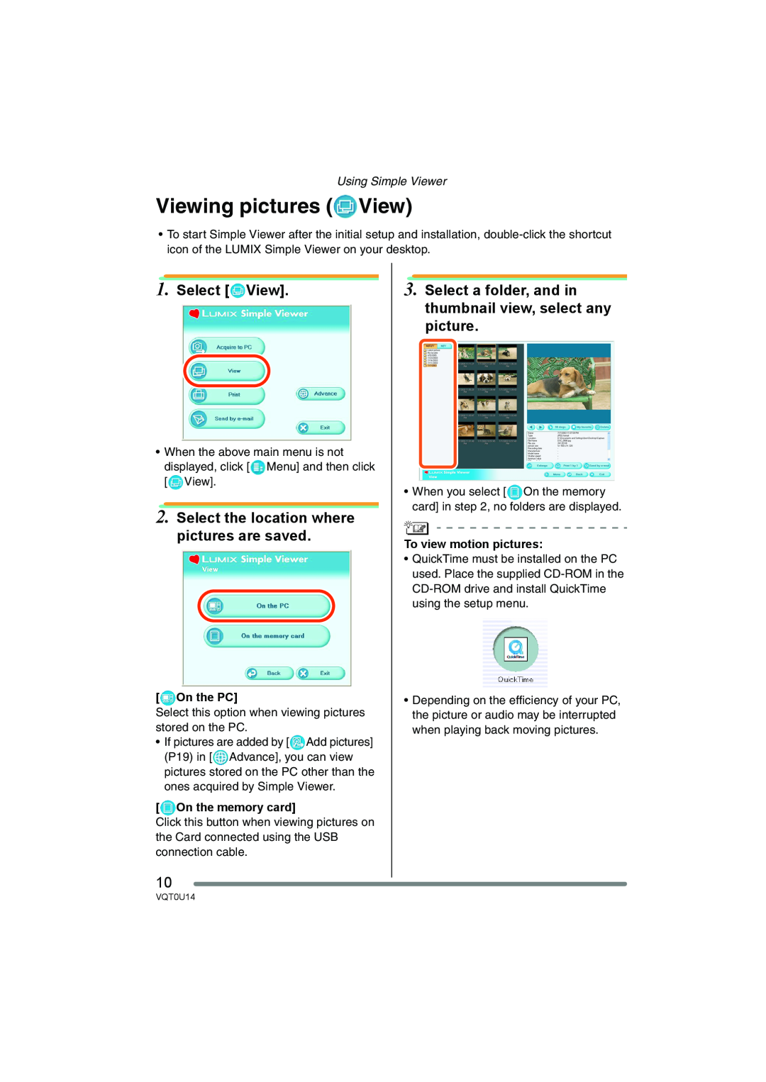 Panasonic VQT0U14 Viewing pictures View, Select View, Select the location where pictures are saved, On the PC 
