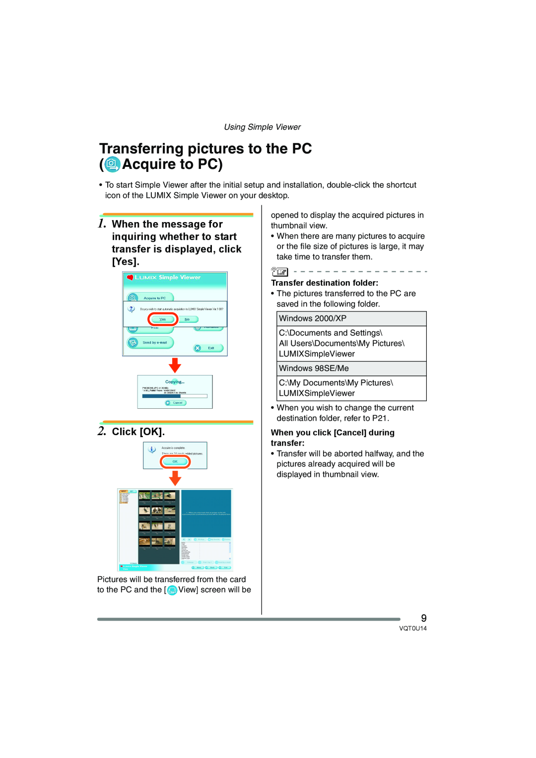 Panasonic VQT0U14 Transferring pictures to the PC Acquire to PC, Click OK, Transfer destination folder 