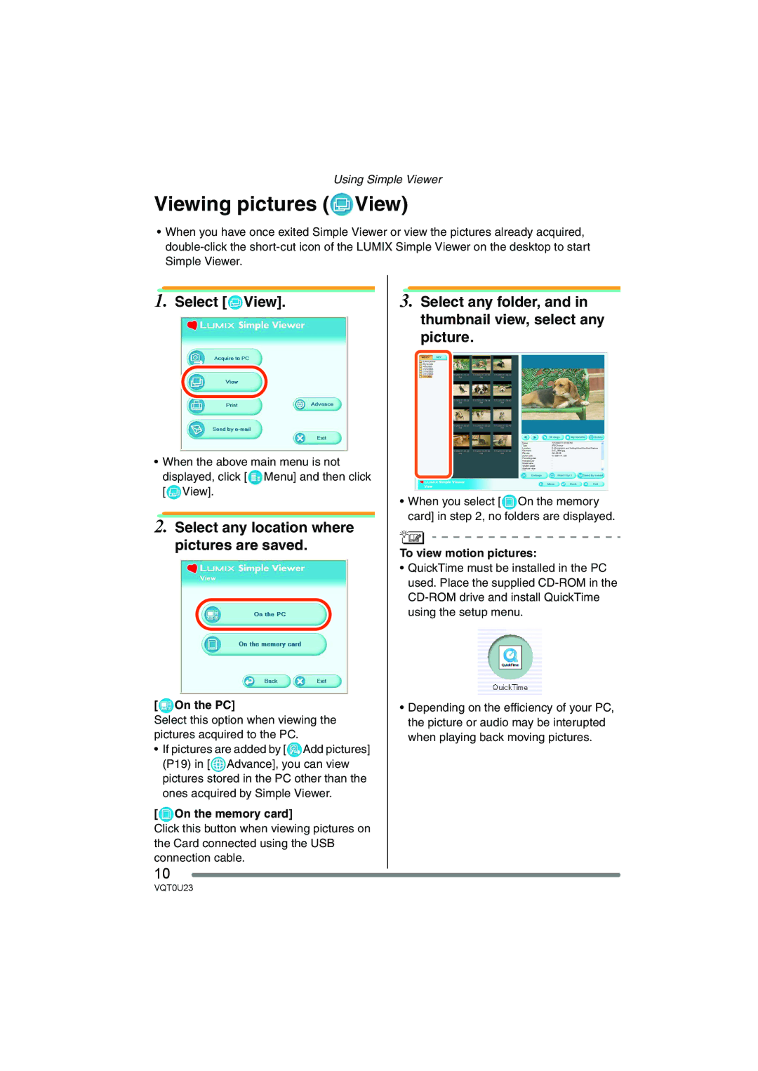 Panasonic VQT0U23 operating instructions Viewing pictures View, Select View, Select any location where pictures are saved 