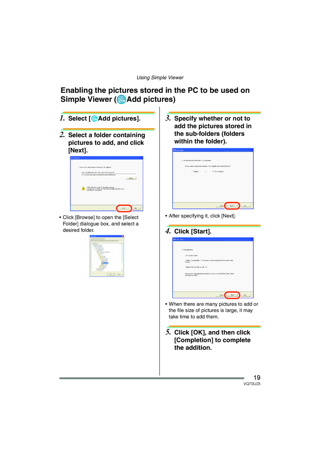 Panasonic VQT0U23 operating instructions Click Start, Click OK, and then click Completion to complete the addition 