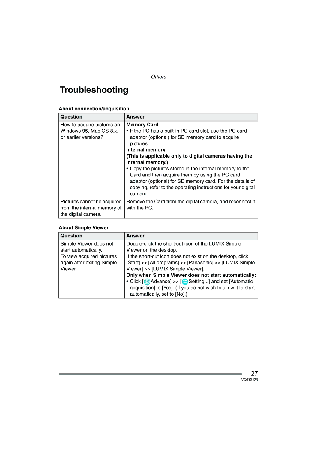 Panasonic VQT0U23 Troubleshooting, About connection/acquisition Question Answer, About Simple Viewer Question Answer 