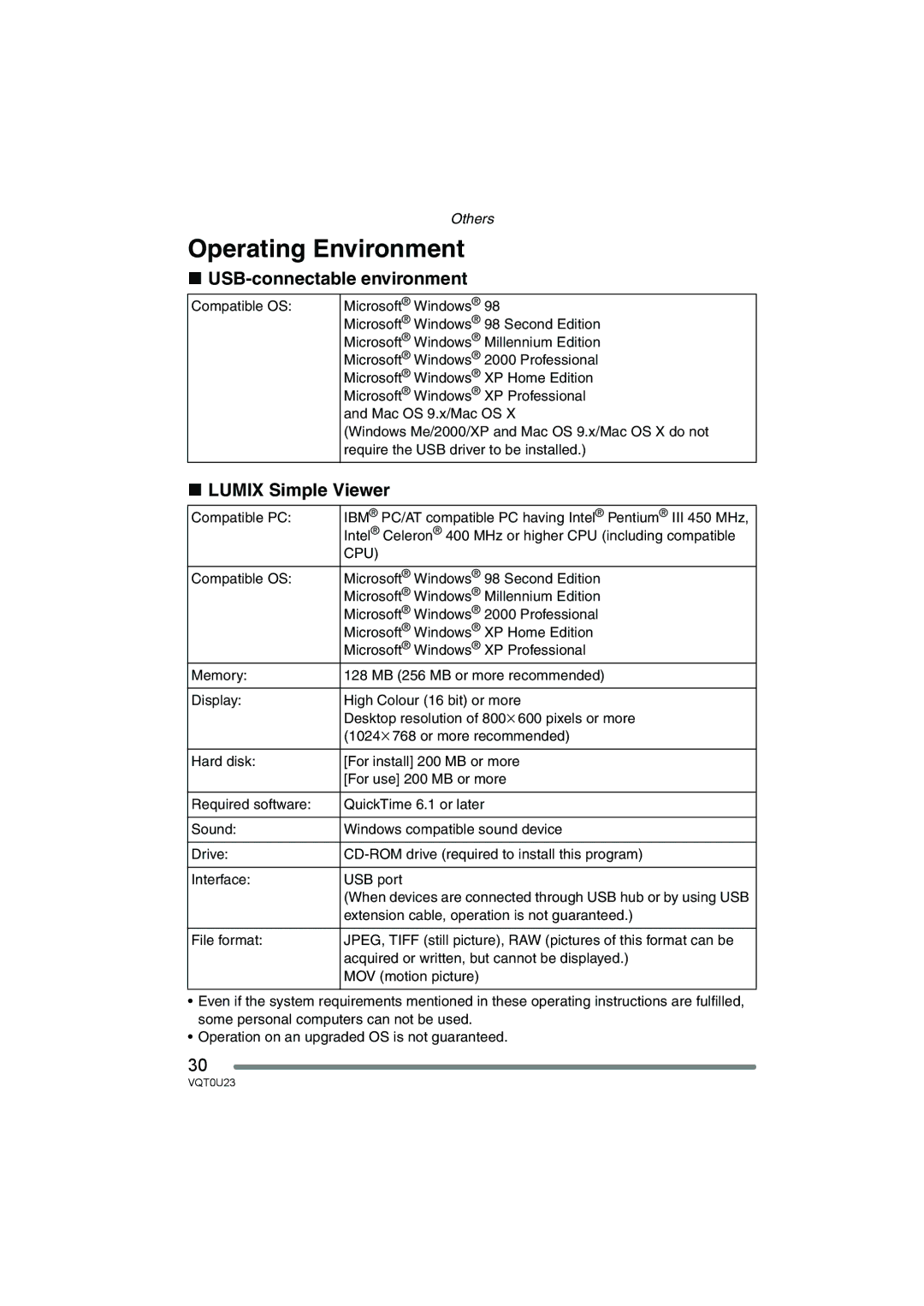 Panasonic VQT0U23 operating instructions Operating Environment, USB-connectable environment, Lumix Simple Viewer 