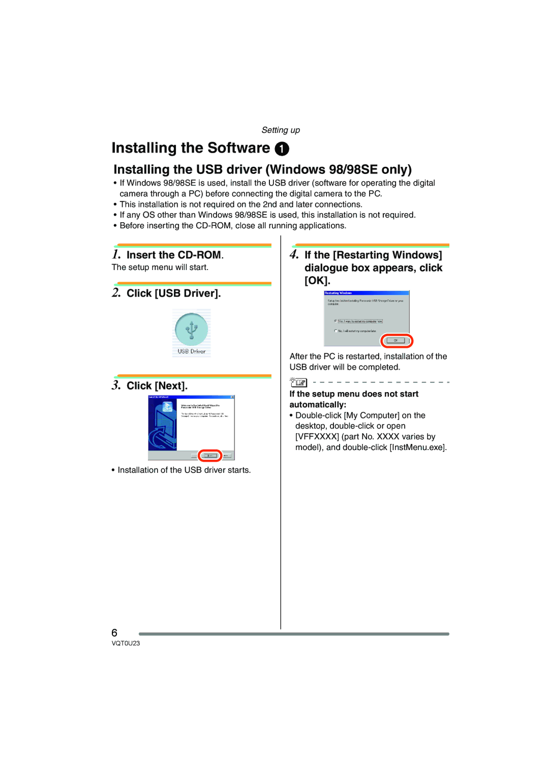 Panasonic VQT0U23 Installing the Software, Insert the CD-ROM, If the setup menu does not start automatically 