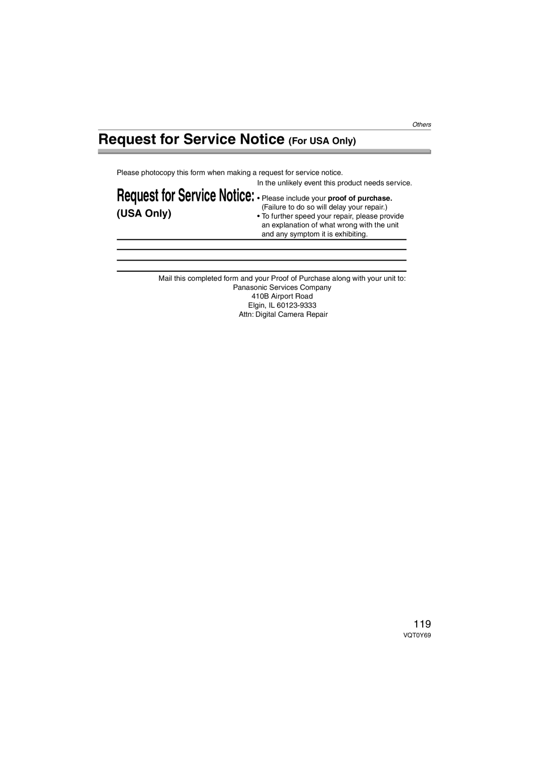 Panasonic VQT0Y69 operating instructions Request for Service Notice For USA Only, 119 