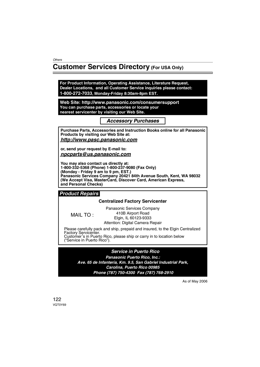 Panasonic VQT0Y69 Customer Services Directory For USA Only, 122, Centralized Factory Servicenter, Personal Checks 