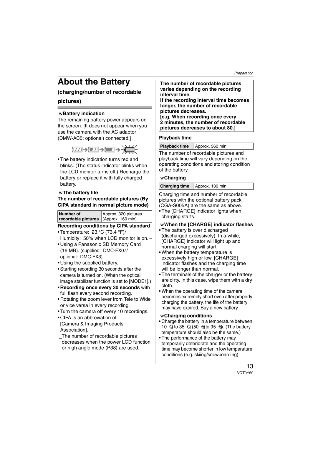 Panasonic VQT0Y69 operating instructions About the Battery, Charging/number of recordable Pictures 