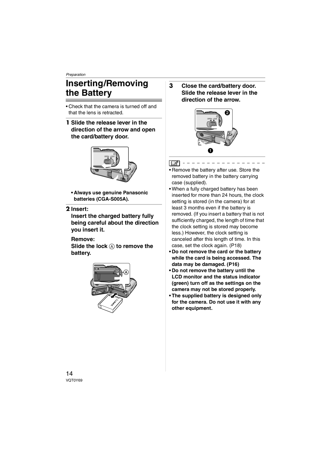 Panasonic VQT0Y69 operating instructions Inserting/Removing the Battery 