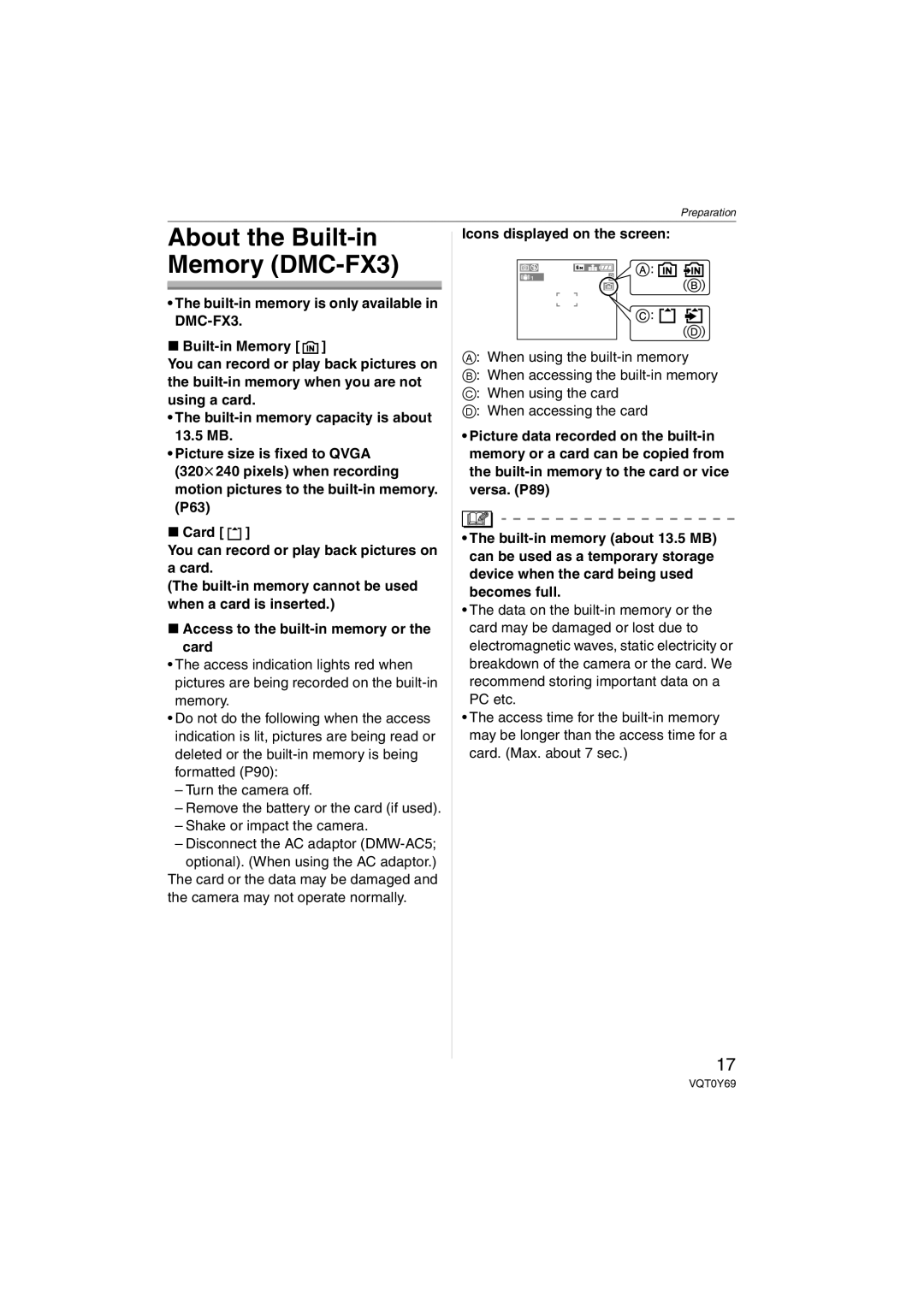 Panasonic VQT0Y69 operating instructions About the Built-in Memory DMC-FX3, Icons displayed on the screen 