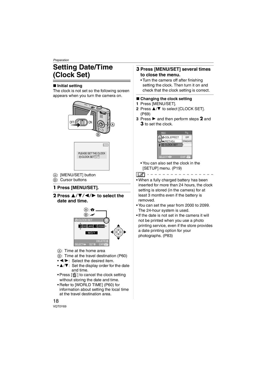 Panasonic VQT0Y69 Press MENU/SET Press 3/4/2/1 to select the date and time, Press MENU/SET several times to close the menu 