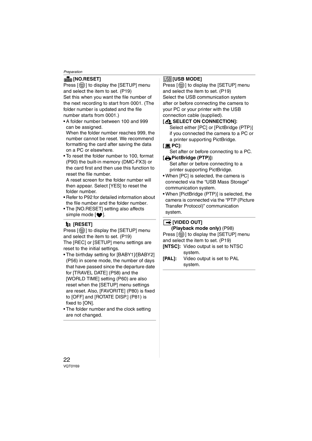 Panasonic VQT0Y69 operating instructions Reset, Select on Connection, Video OUT 