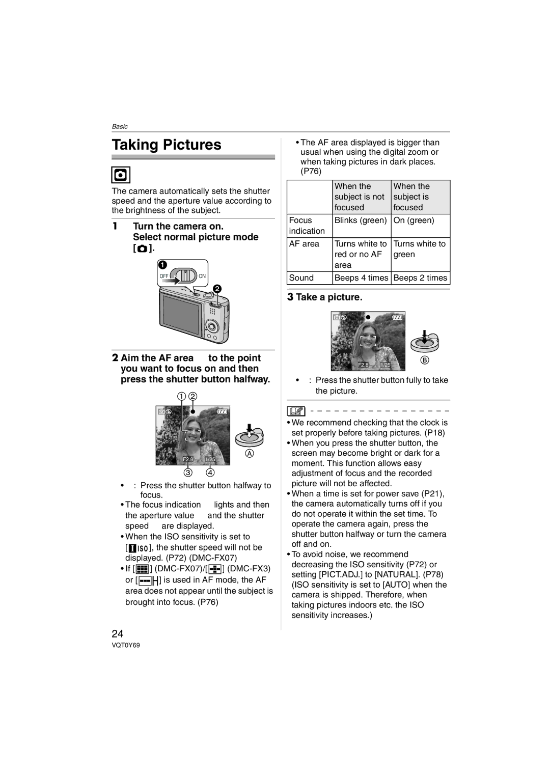 Panasonic VQT0Y69 operating instructions Taking Pictures, Turn the camera on Select normal picture mode, Take a picture 