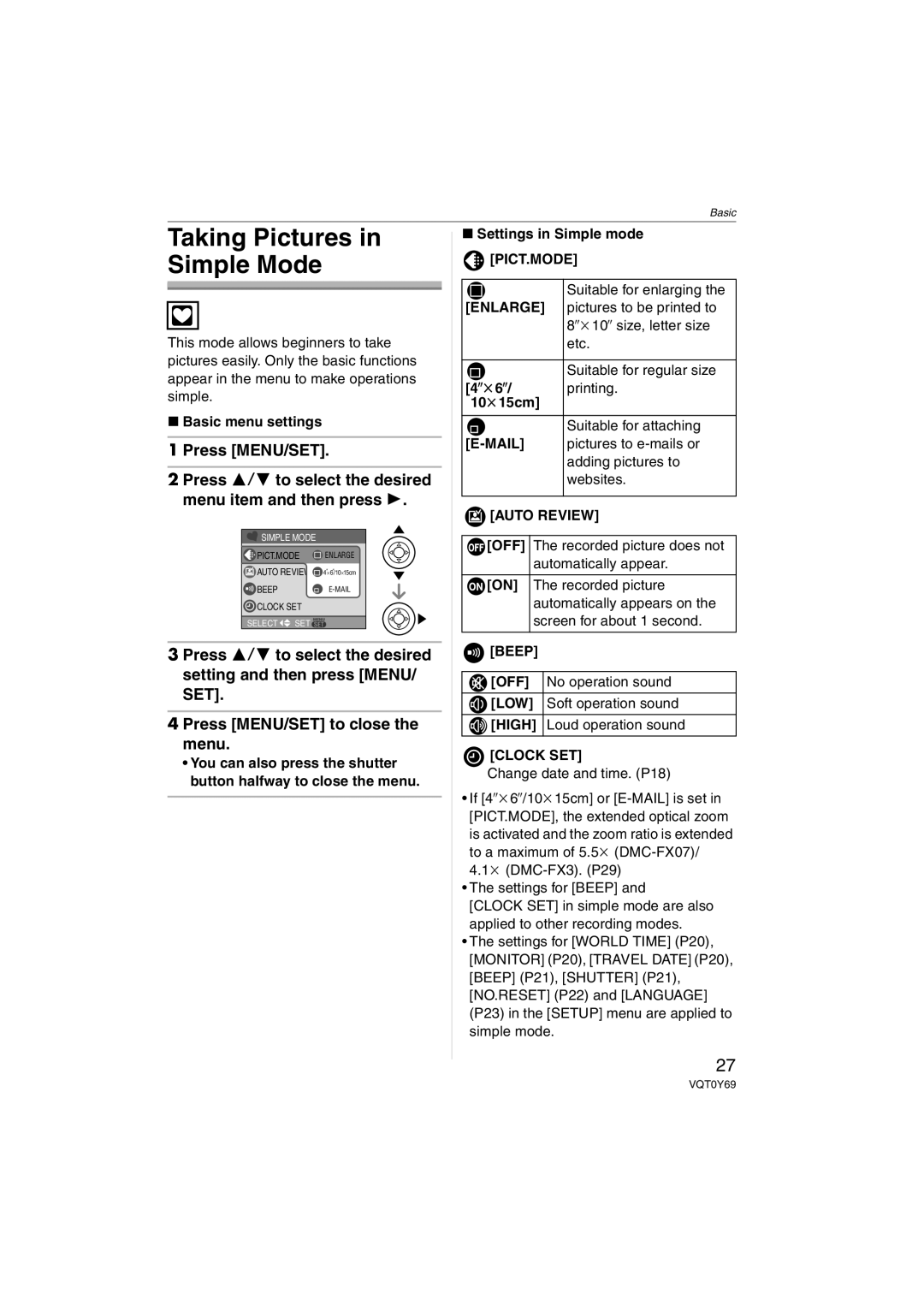 Panasonic VQT0Y69 Taking Pictures in Simple Mode, Basic menu settings, Settings in Simple mode PICT.MODE, 10k15cm 